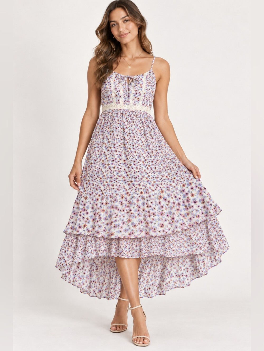 JAPNA Women’s Size S Floral High-Low Tiered Maxi Dress Boho Sleeveless